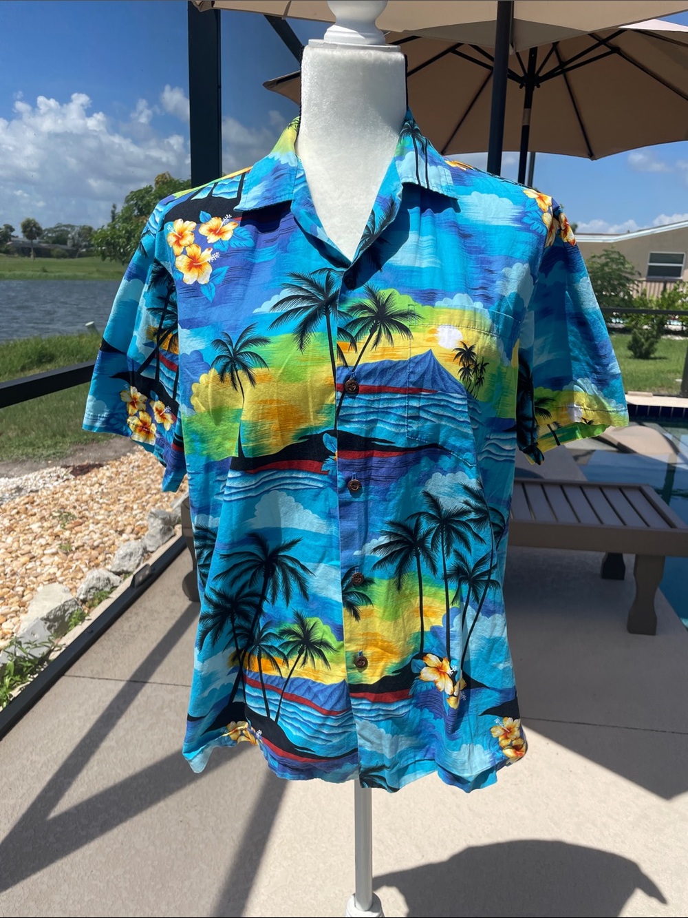 Vintage Aloha Republic Tropical Palm Print Blue Hawaiian Button-Down Shirt USA M